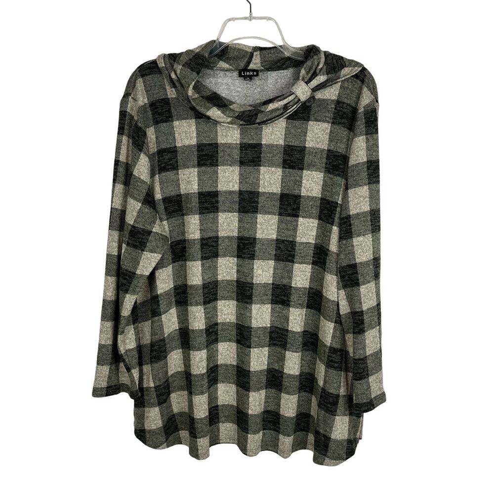 LINKS‎ | Green & Cream Gingham Plaid Pull Over Cowl Neck Sweater | Women's 1X